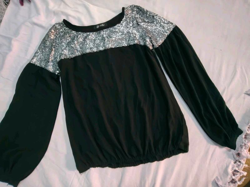Sequin Shoulder Long Sleeve Top