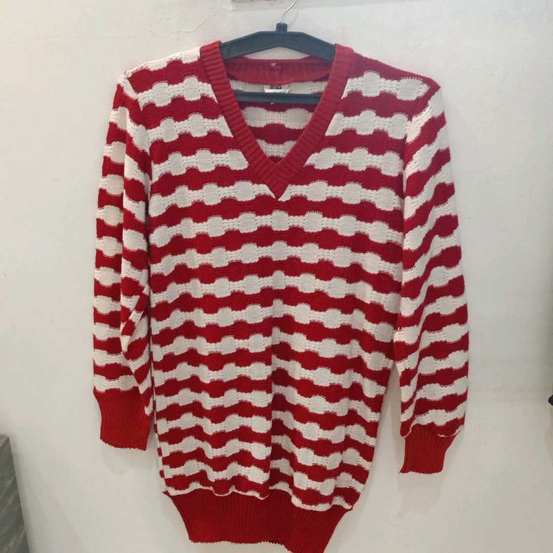 Red and White Striped V-Neck Knit Sweater