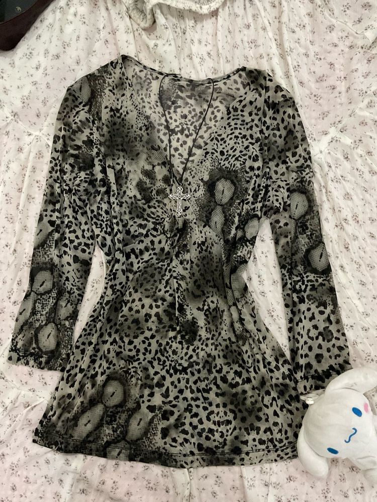 Sheer Leopard Print V-Neck Top