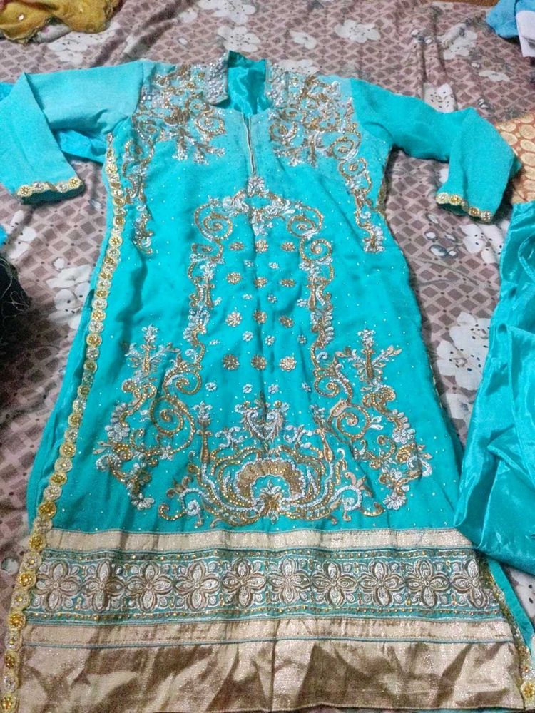 Turquoise Embellished Kurta Set