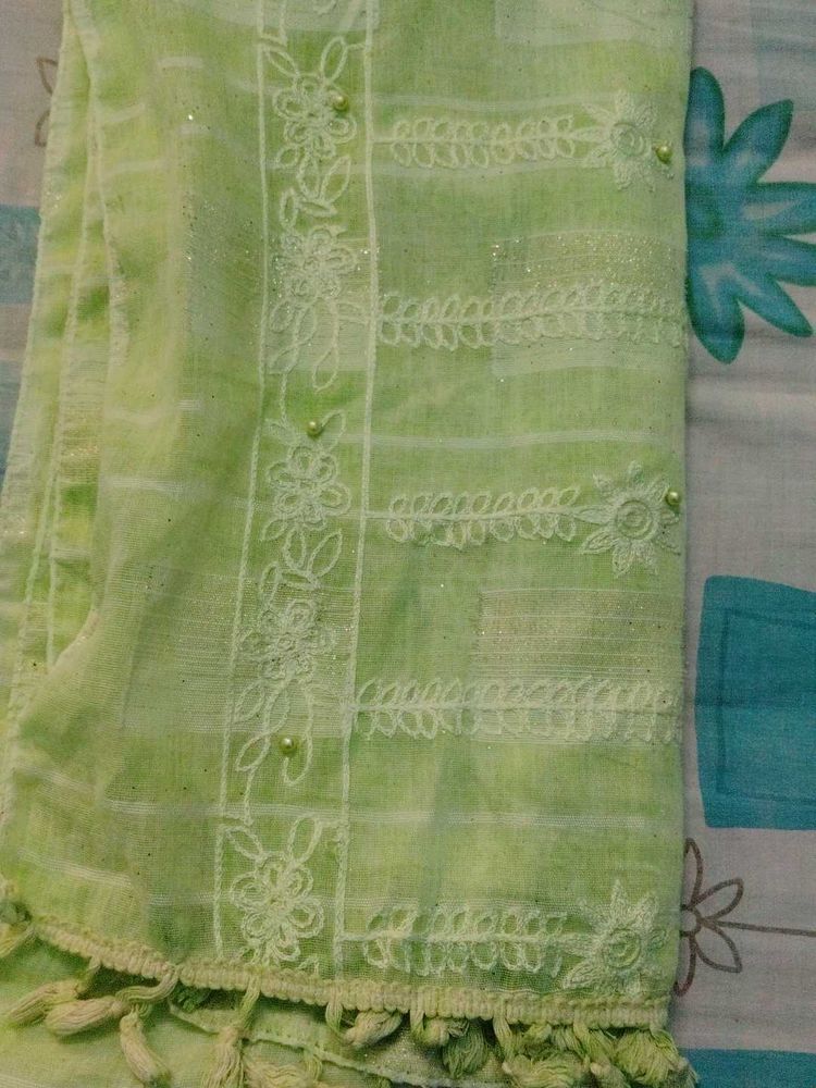 Lime Green Embroidered Dupatta with all over pearl