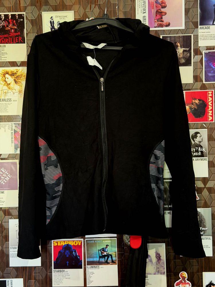 Black Zip-Up Hoodie with Camo Accents