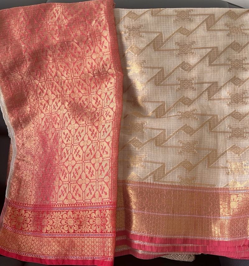 Elegant Cream &amp; Pink Silk Saree