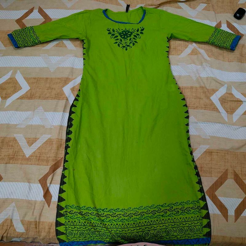 Green printed cotton kurta