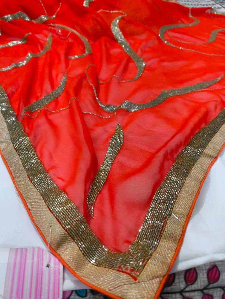 Orange &amp; Gold Sequin Embellished Saree