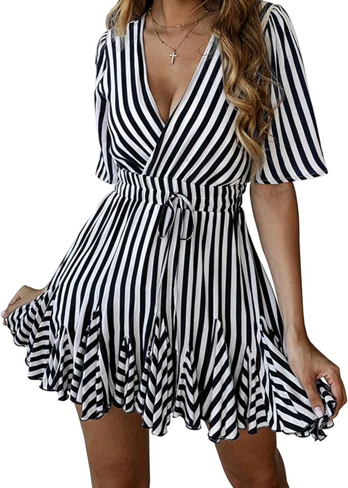 Striped V-Neck Wrap Dress