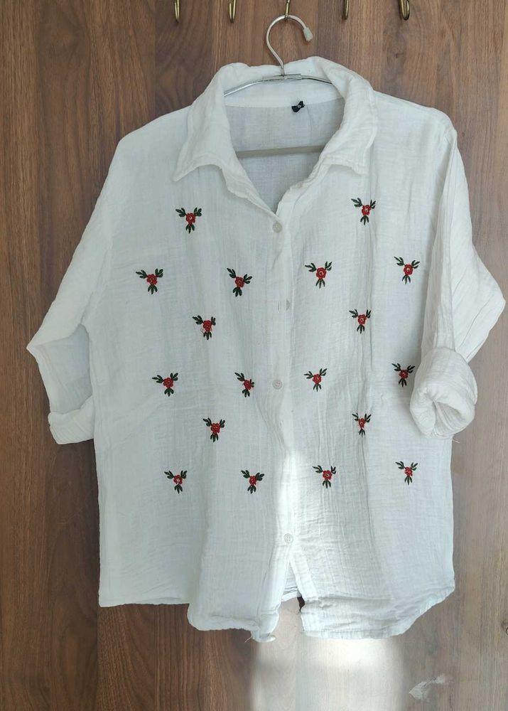 women Floral Embroidered White Shirt