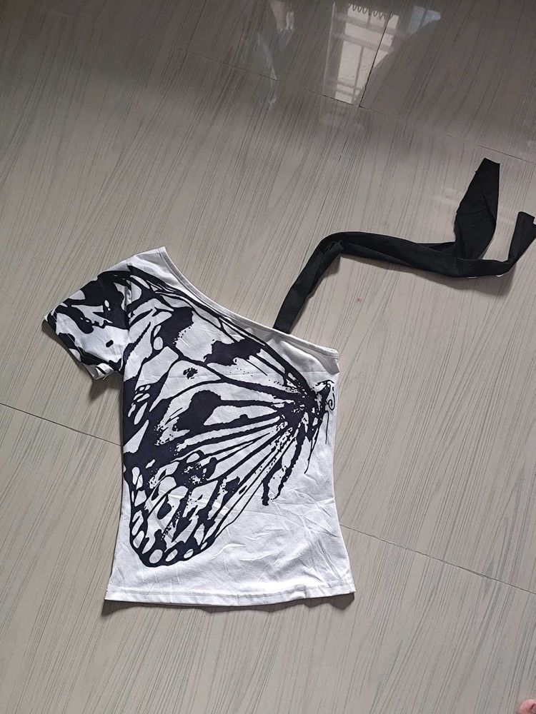 One Shoulder Butterfly Print Top
