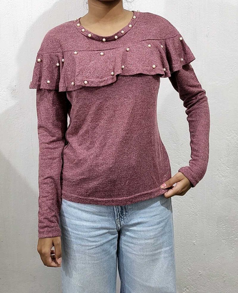 Ruffle Pearl Long Sleeve Top