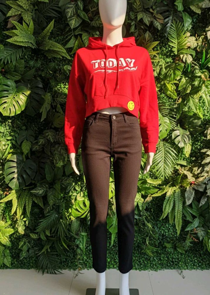 Red Cropped Hoodie with Smiley