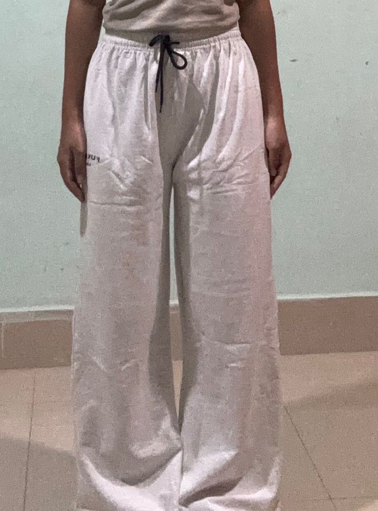 white greyish wide leg draw string pant