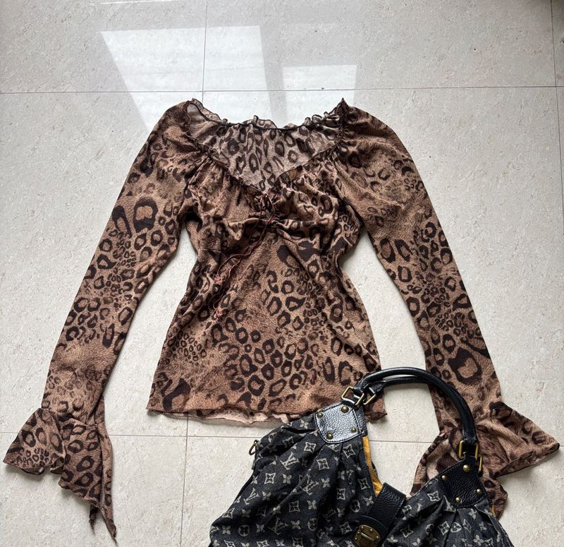 Sheer Leopard Print Flare Sleeve Top