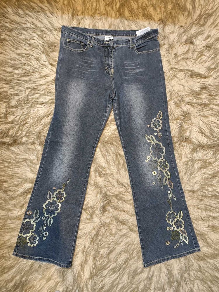 Whimsical Floral Embroidered Denim Jeans