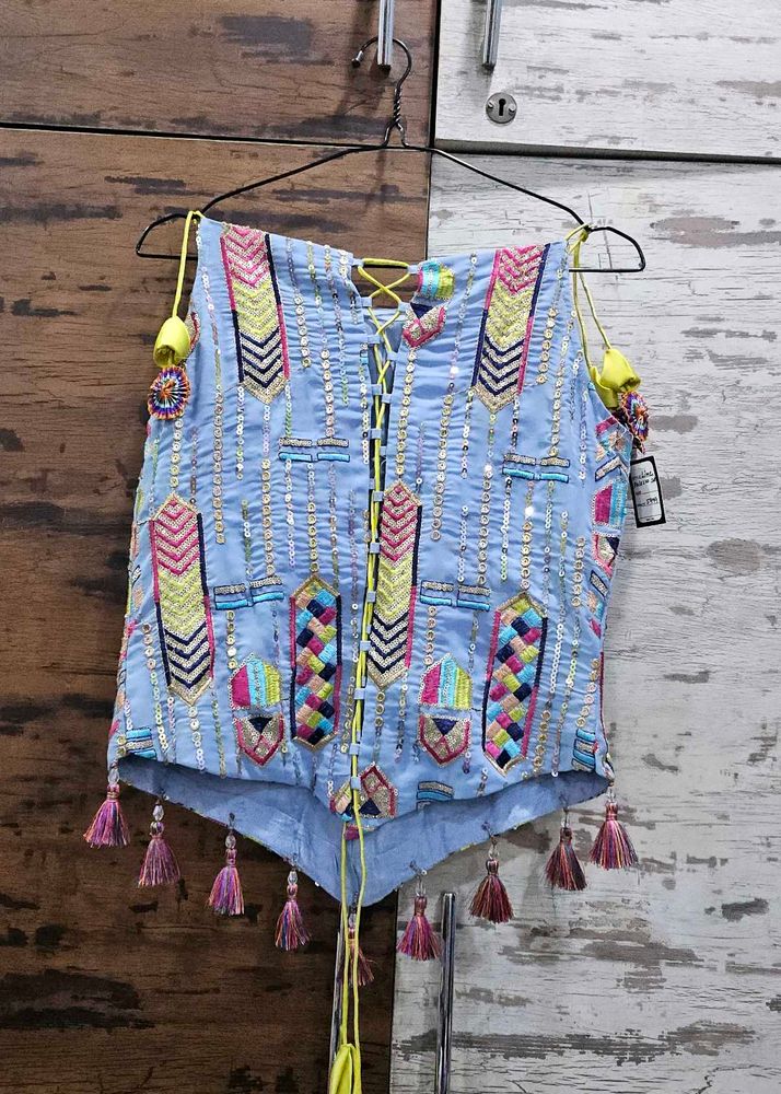 Embroidered Blue Coord Set with Tassels