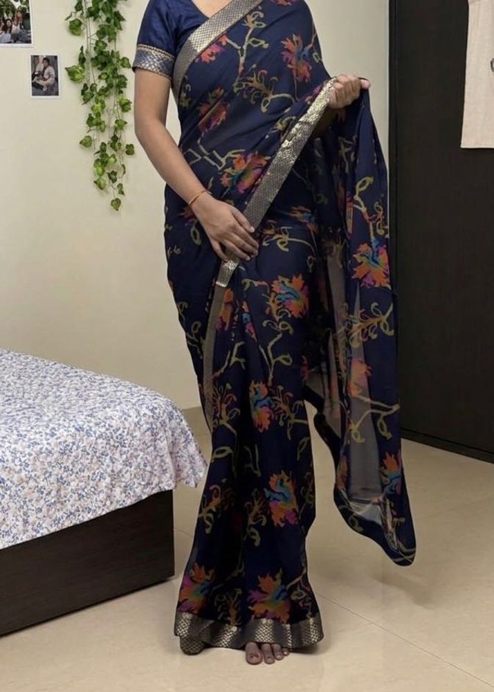 Elegant Navy Blue Floral Georgette/Chiffon Saree w