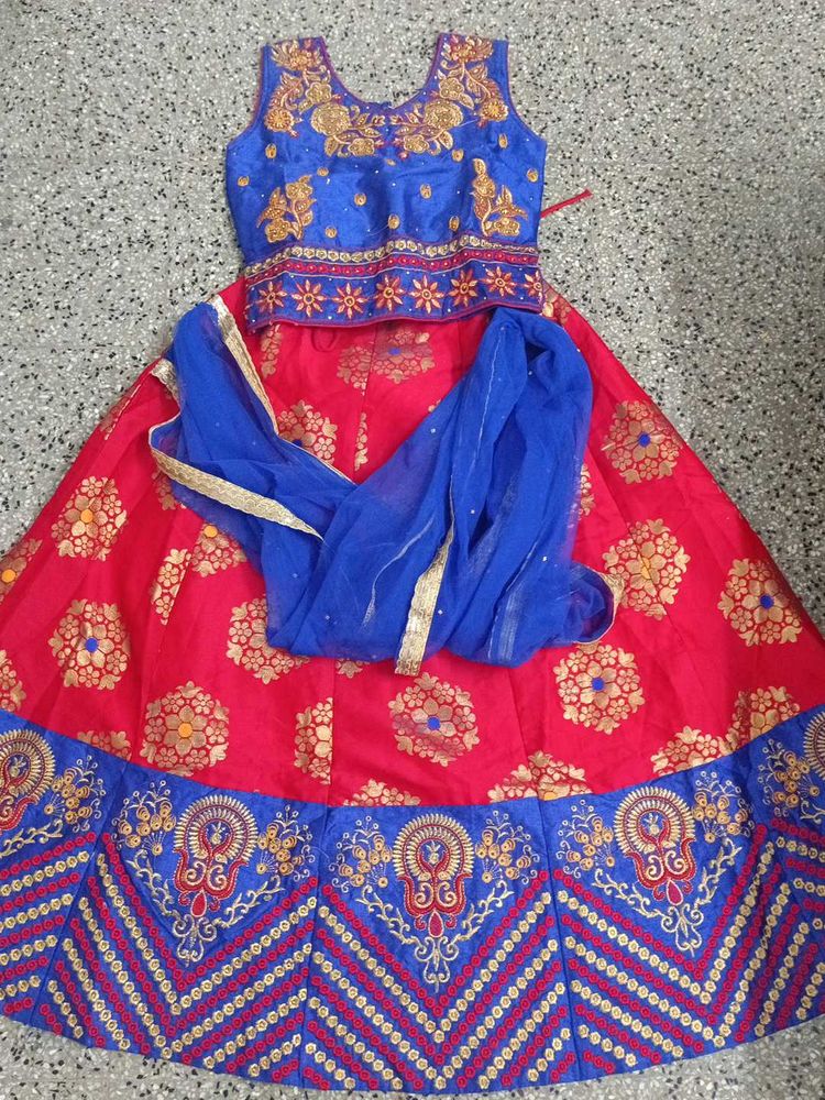 Vibrant Red &amp; Blue Embroidered Lehenga Choli