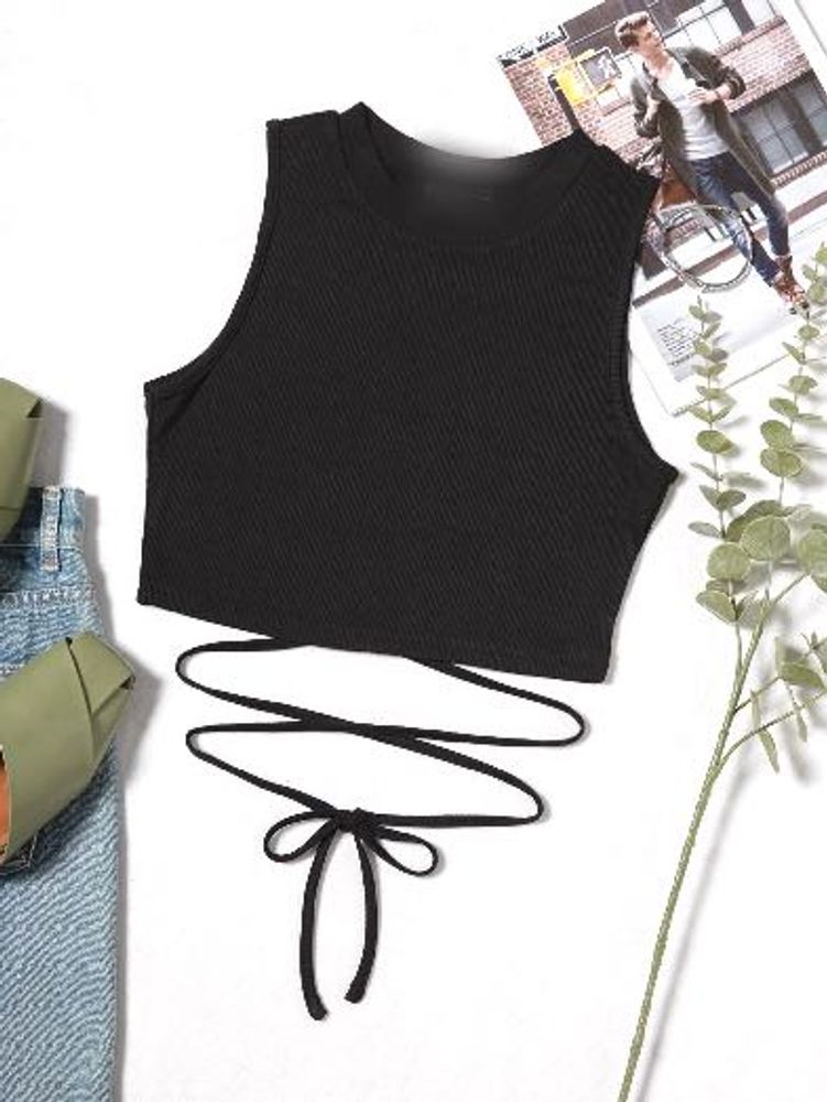 Black Ribbed Lace-Up Crop Top
