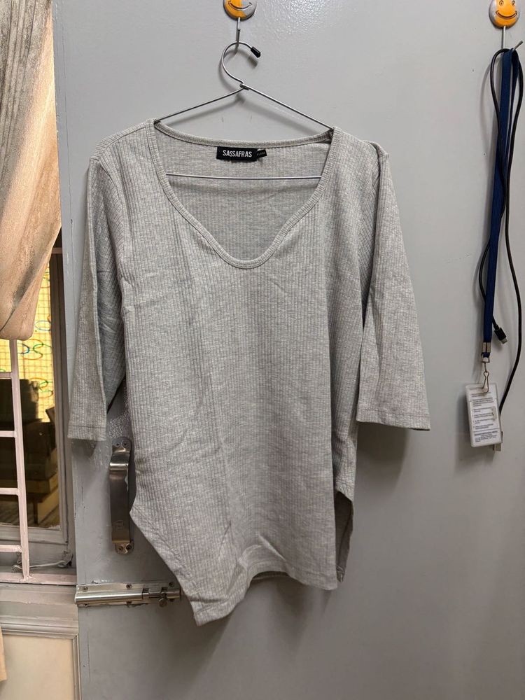 Grey Ribbed V-Neck Top