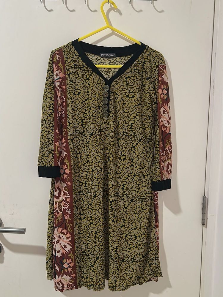 Olive Printed Kurta with button detailing