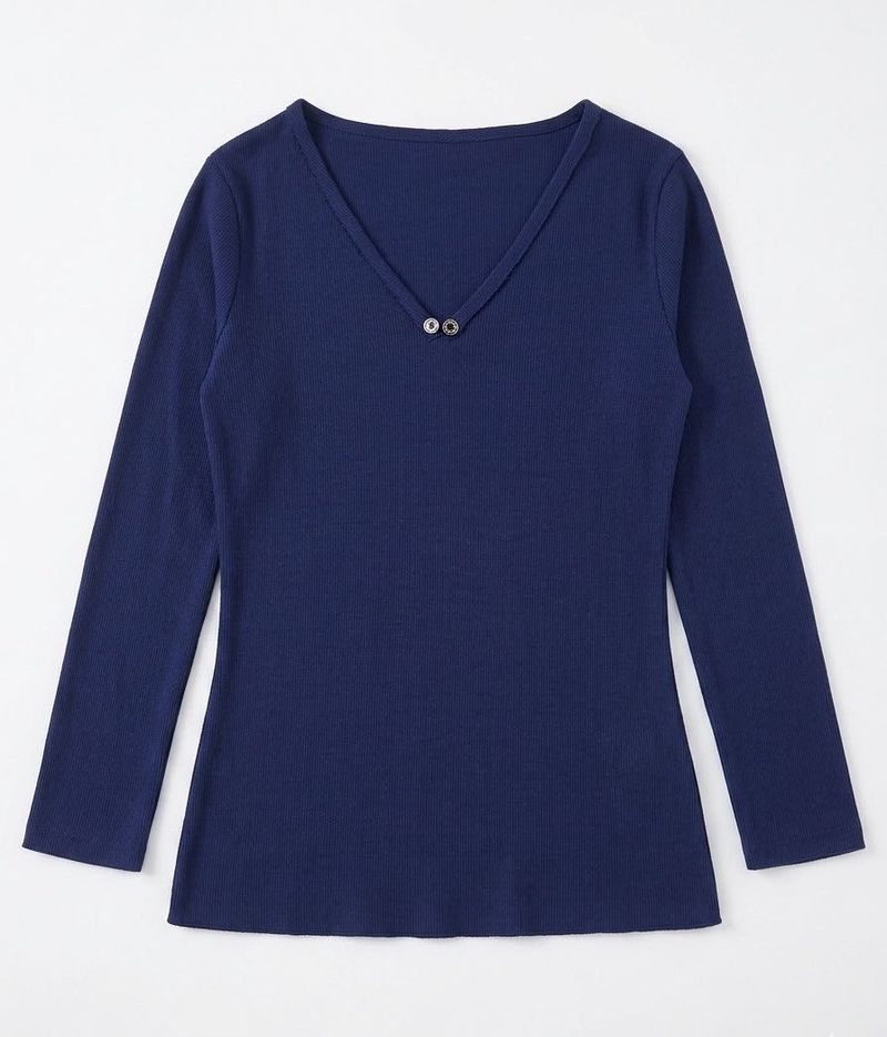 Navy Blue V-Neck Long Sleeve Top
