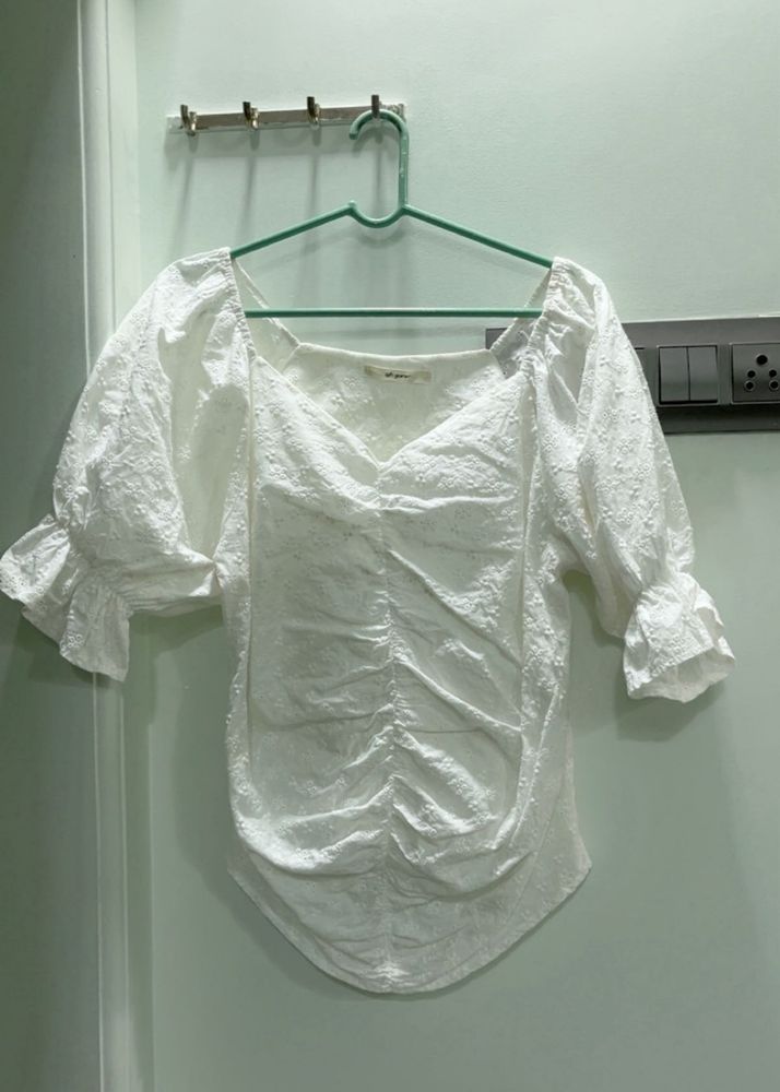 White Textured Puff Sleeve Top