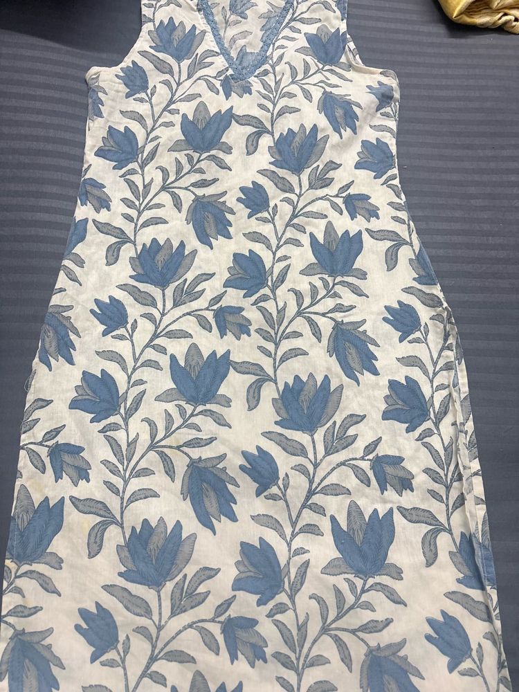 Blue Floral Print Cotton Kurta