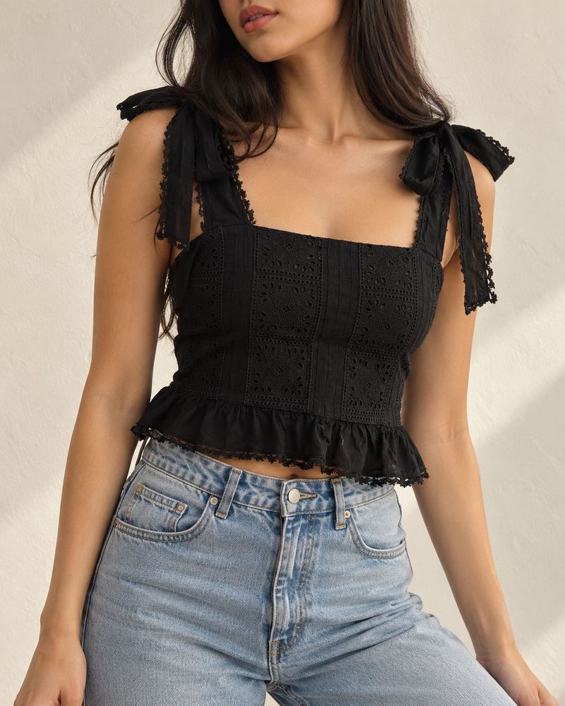 Black Eyelet Tie-Strap Crop Top