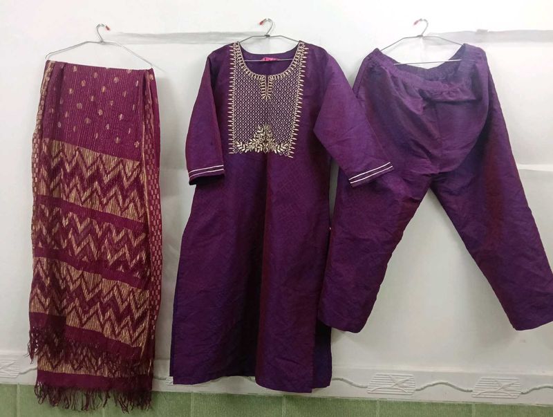 Purple Embroidered Kurta Set with Dupatta