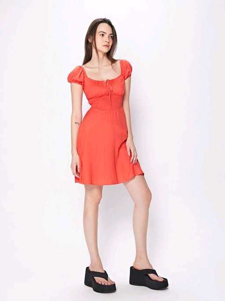 Coral Red Smocked Fit &amp; Flare Mini Dress