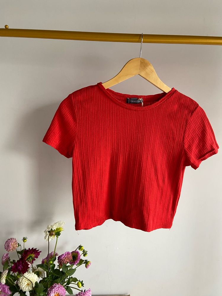 PRIMARK Red Ribbed Cropped T-Shirt