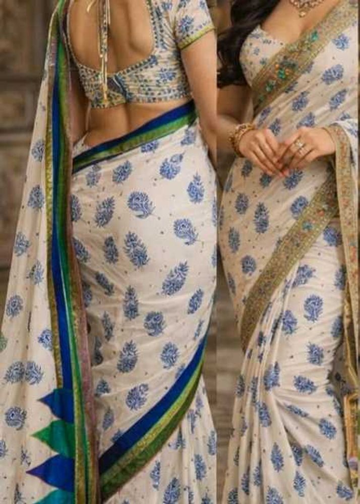 Elegant White Saree with Blue Print