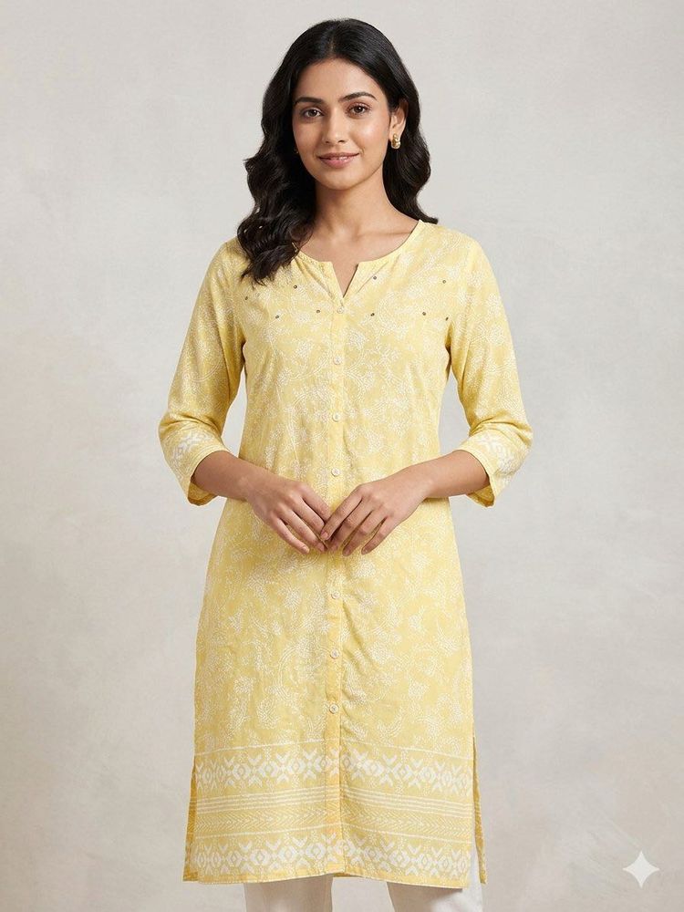 Yellow Printed Kurta with Embellishments