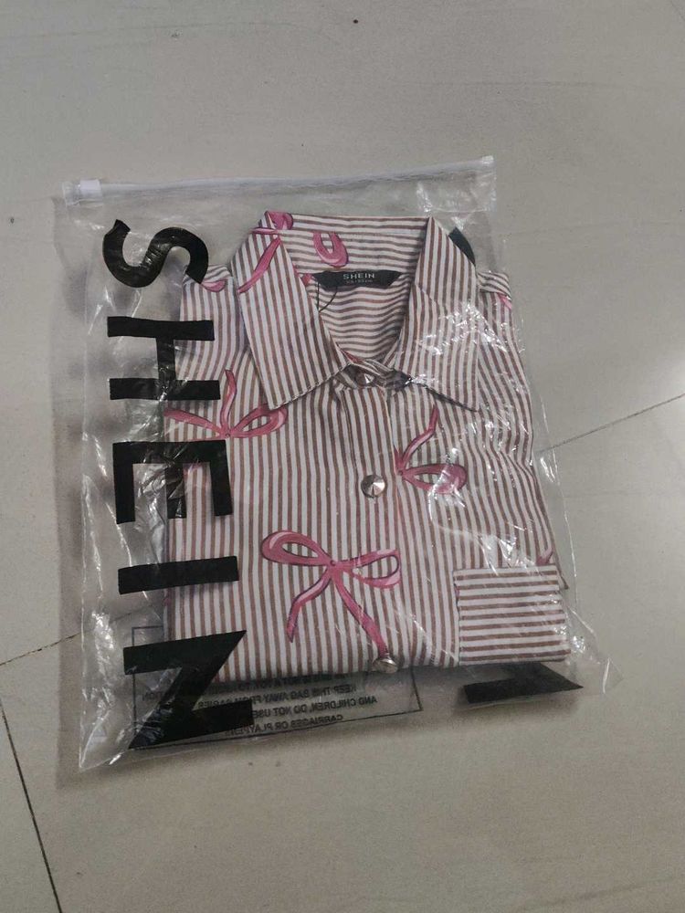 Shein Striped Bow Print Button-Up Shirt