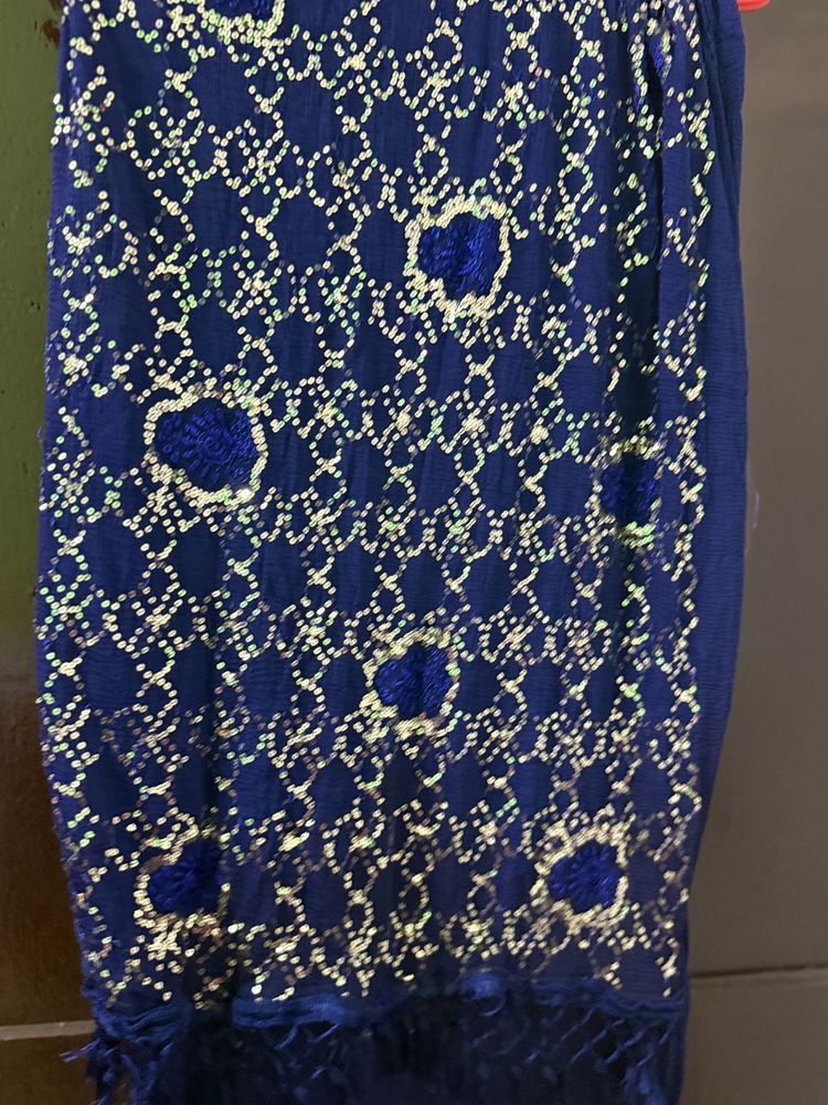 Royal Blue Embroidered Dupatta with Tassels