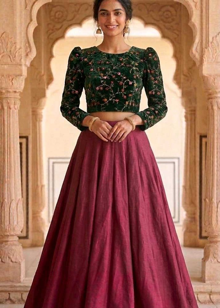 Elegant Embroidered Velvet Crop Top &amp; Skirt Set