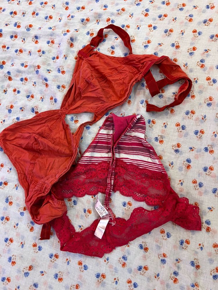 2 Pack Bras - Red &amp; Pink Stripe Lace
