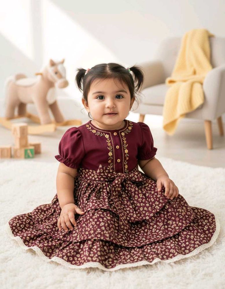 Maroon Floral Tiered Baby Dress