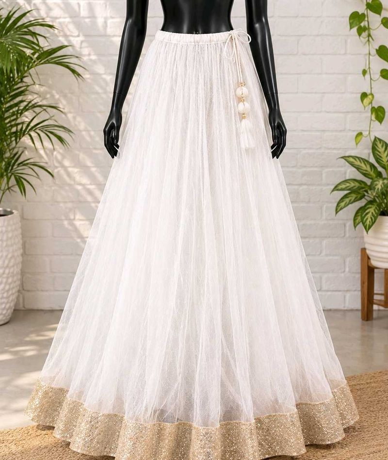 Elegant White Tulle Skirt with Gold Border