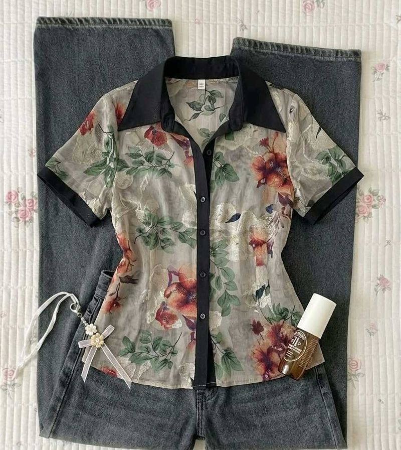 Sheer Floral Print Button-Up Shirt