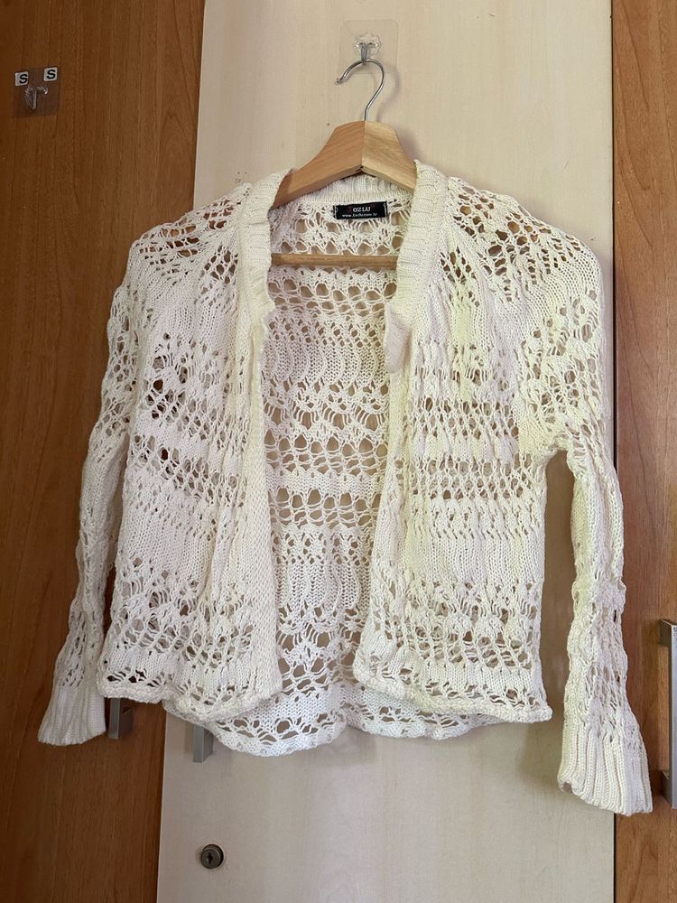 White Crochet Knit Cardigan