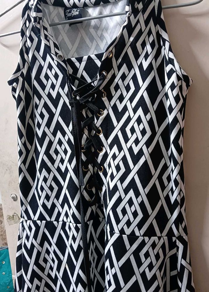 Monochrome Geometric Lace-Up Dress