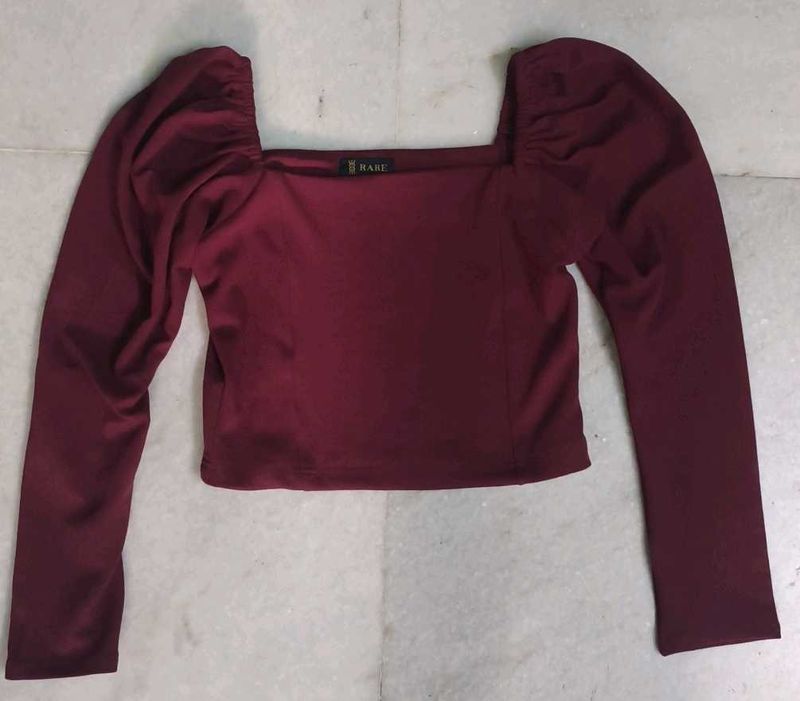 Maroon Puff Sleeve Square Neck Top