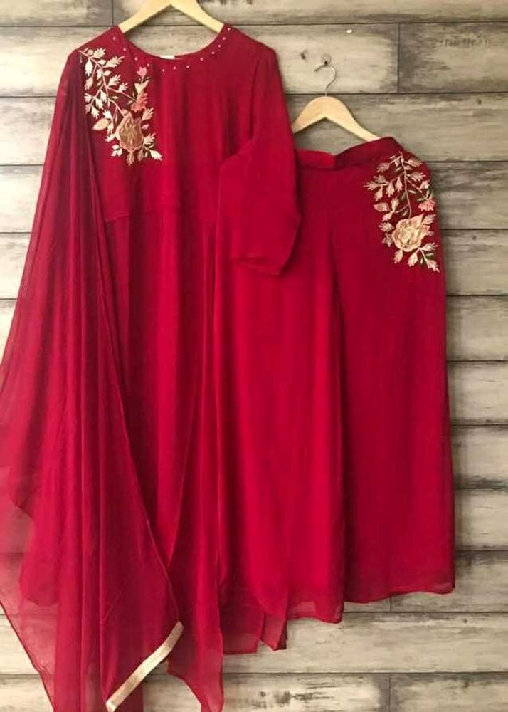 Red Embroidered Anarkali With Plazzo And Duppata