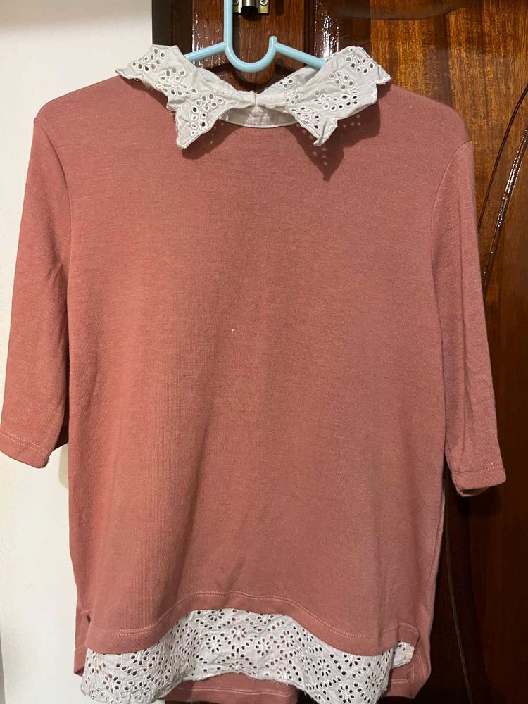 Cute Pink Top with Lace Collar