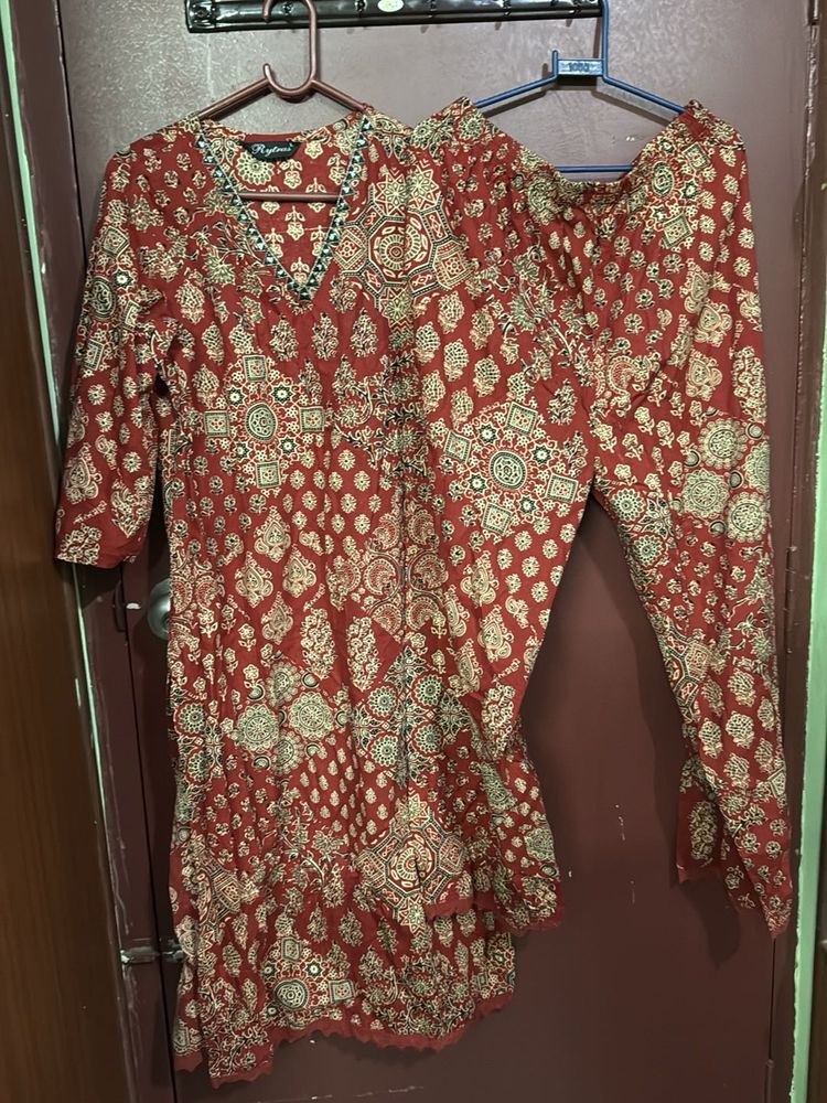 Brick Red Printed Kurta and Pants Set