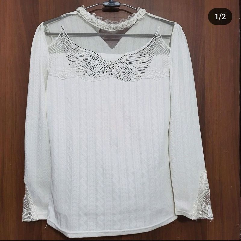 White Fullsleeves Top With Net And Rhinestones