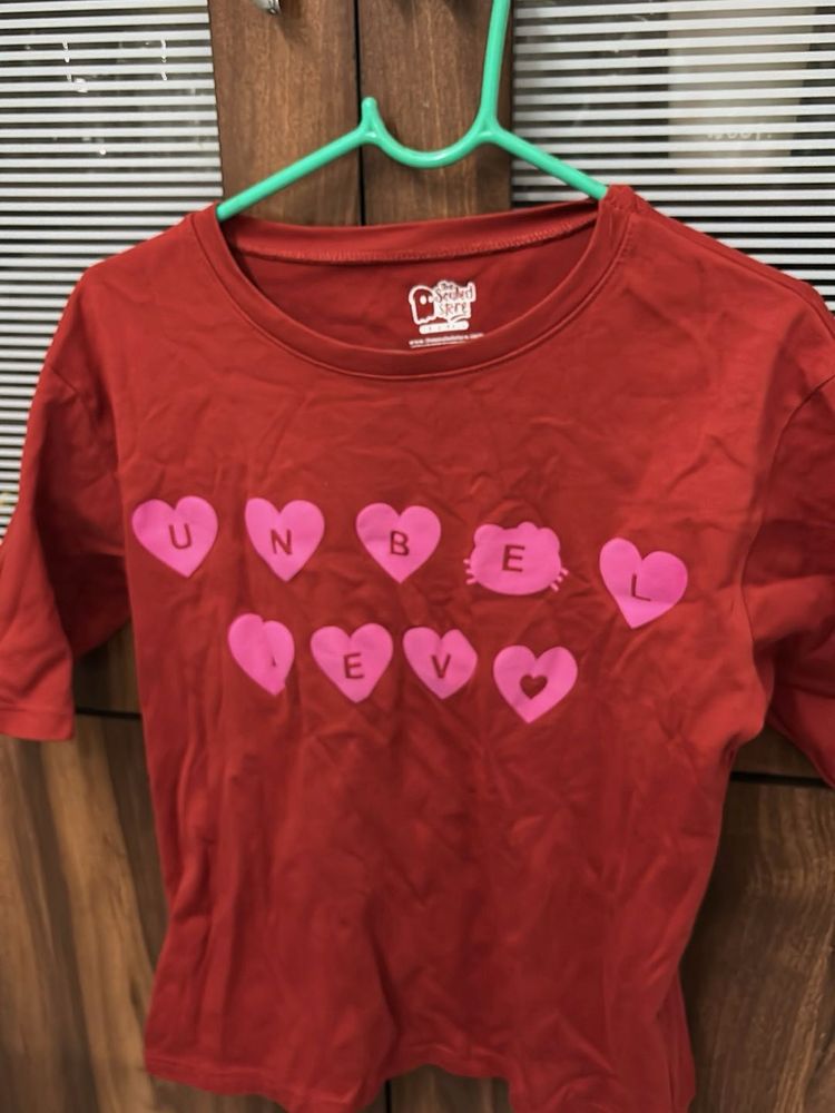 Red Graphic T-Shirt with Pink Hearts