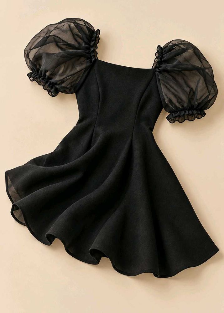 BLACK PUFF SLEEVE FLARED MINI DRESS