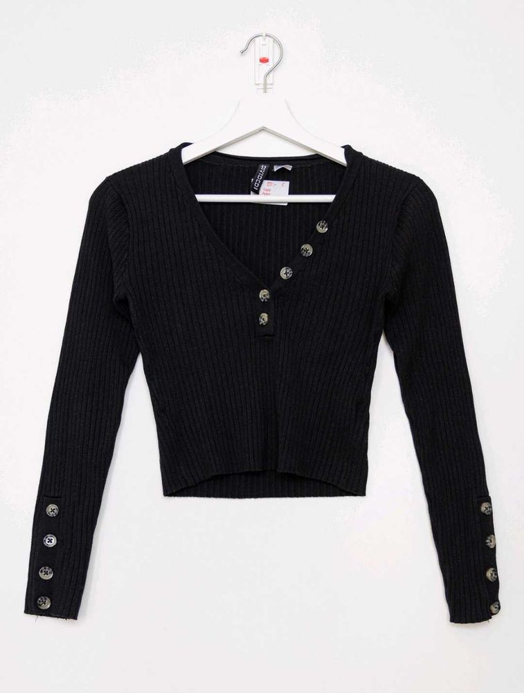 Black Ribbed Button-Up Top