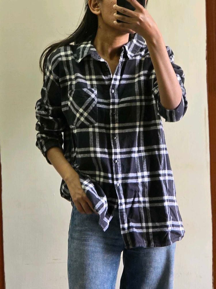 Classic Black &amp; White Plaid Flannel Shirt